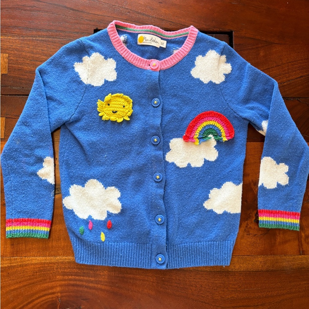 Mini Boden Blue Cardigan with Rainbow and Cloud Accents